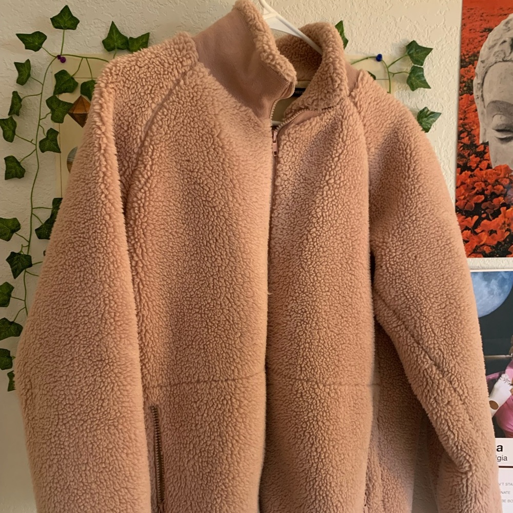 Big, fluffy, pink brandy jacket! Great condition!
